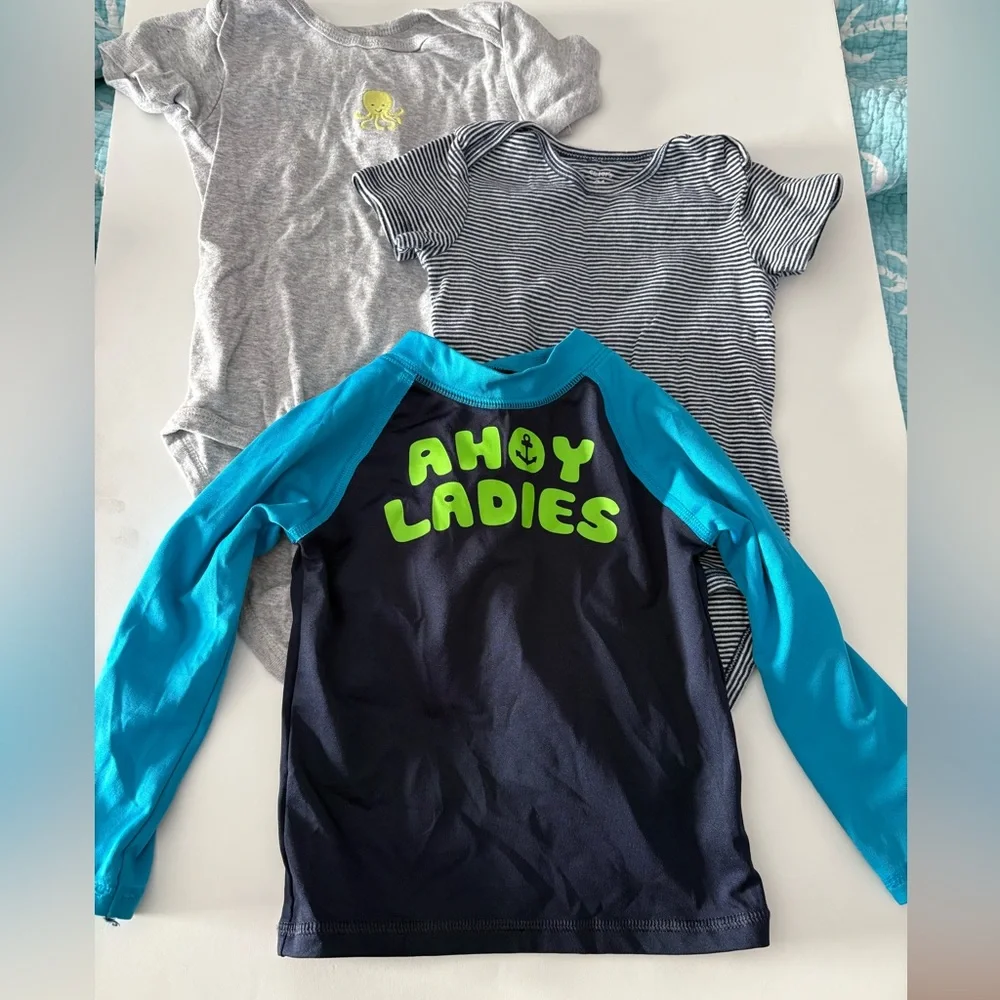 Carter’s ahoy mate pirate themed onesies and long sleeve rashguard 24m